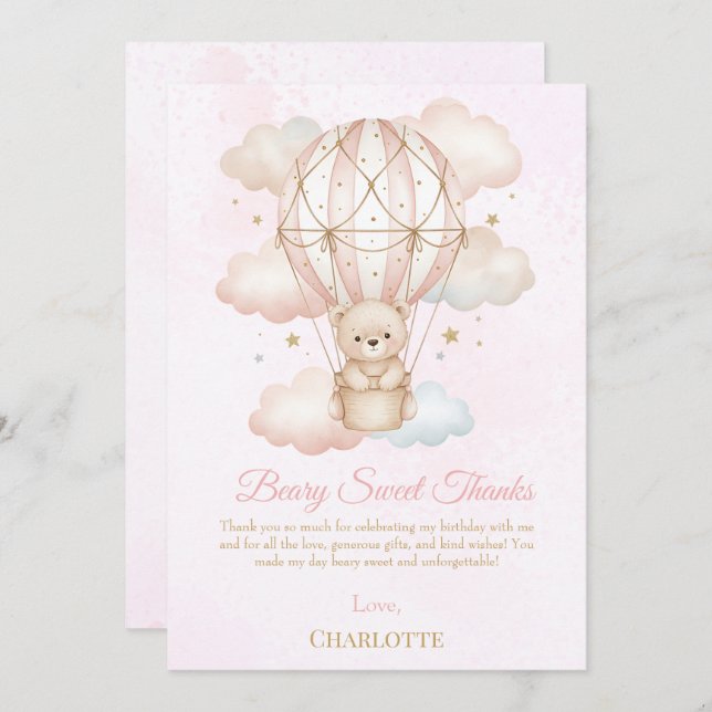 Cartão De Agradecimento Beary Sweet Hot Air Balloon 1st Birthday  (Frente/Verso)