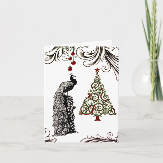 Cartão De Agradecimento Beautiful Peacock and Christmas Tree Holiday (Frente)