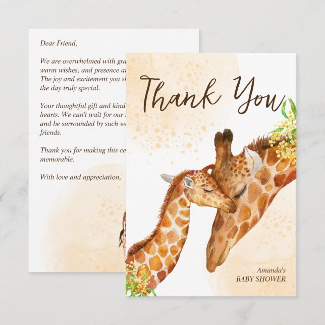 Cartão De Agradecimento Bebê a caminho girafa bebê e mamãe chá de bebê (Frente/Verso)