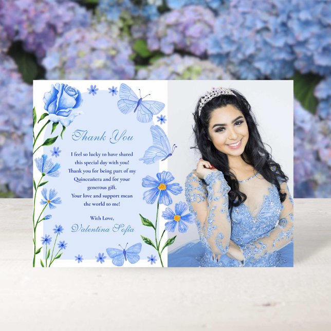Cartão De Agradecimento Bebê Azul Borboletas Florais Foto Quinceañera (Baby Blue Floral Butterflies Photo Quinceañera Thank You Card)