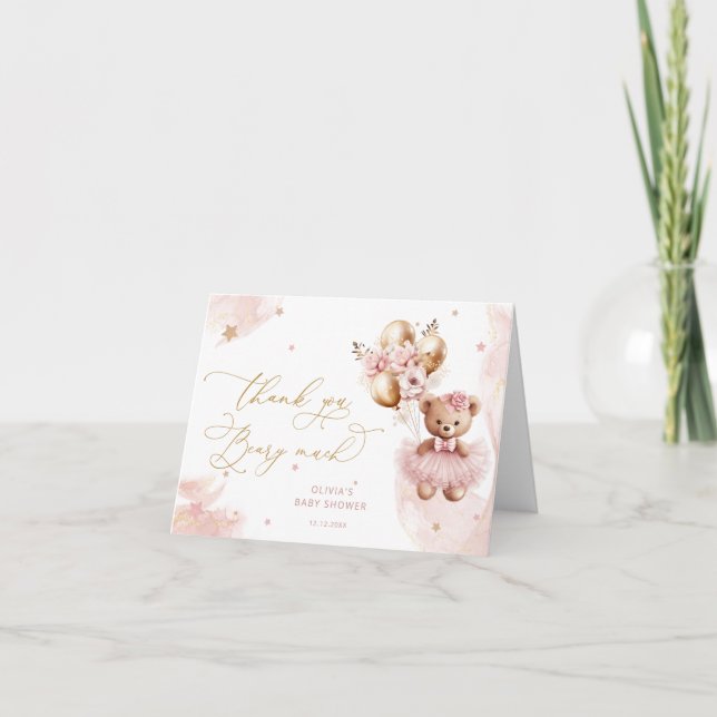 Cartão De Agradecimento Bebê, Balão, Urso Dourado Rosa, Muito Obrigado (Frente)
