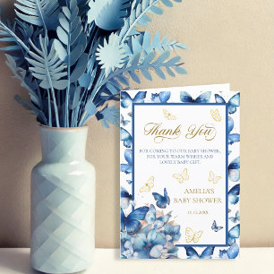 Cartão De Agradecimento Bebê Borboleta Azul Elegante Dobrada em Flor