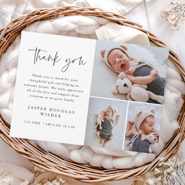 Cartão De Agradecimento Bebê de 3 Fotos Simples (Simple modern script 3 photo collage baby announcement thank you cards.)