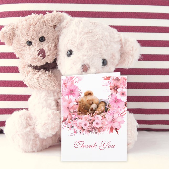 Cartão De Agradecimento Bebê doce Urso Rosa Floral (Criador carregado)