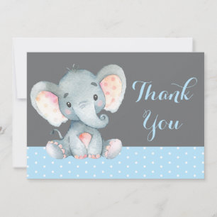 Cartão De Agradecimento Bebê Elefante Bonito Menino Azul e Cinza