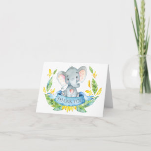 Cartão De Agradecimento Bebê Elefante Bonito Menino Azul e Cinza