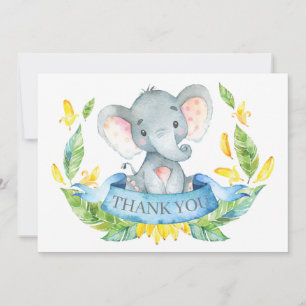 Cartão De Agradecimento Bebê Elefante Bonito Menino Azul e Cinza