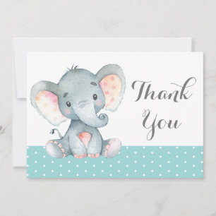 Cartão De Agradecimento Bebê Elefante Fofo Aqua Azul Turquesa e Cinza