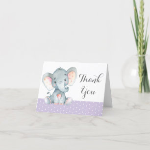 Cartão De Agradecimento Bebê Elefante Fofo Menina Roxo e Cinza