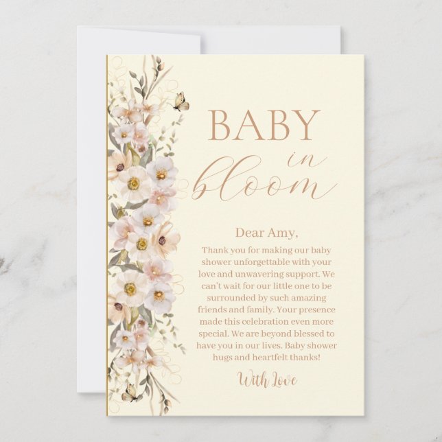 Cartão De Agradecimento Bebê em Flor Boho Chá de Bebê Neutro (Frente)