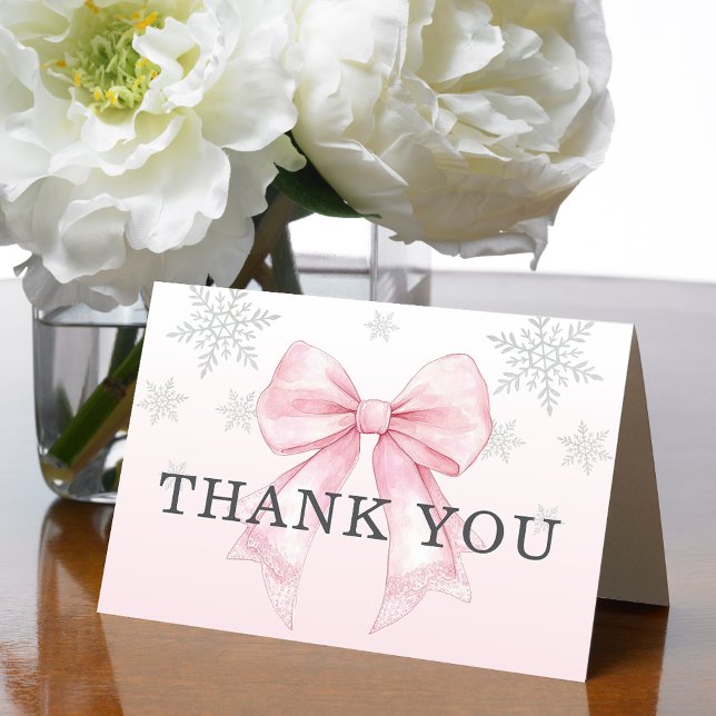 Cartão De Agradecimento Bebê, Está Frio Lá Fora Laço Rosa (Baby It’s Cold Outside Pink Bow Thank You Card)
