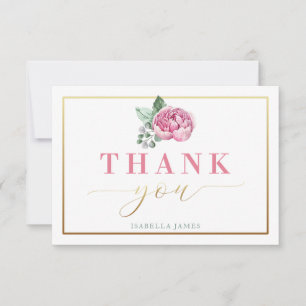Cartão De Agradecimento Bebê Floral Elegante, Rosa e Dourada, de Aquarela