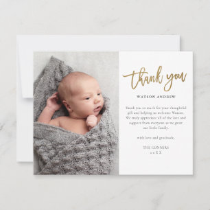 Cartão De Agradecimento Bebê Fotográfico do Script Dourado Moderno 2