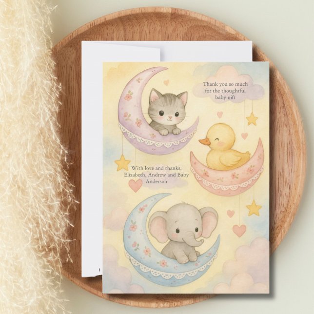 Cartão De Agradecimento Bebê Lua Crescente Animais Chá de Bebê Novo Bebê (Crescent Moon baby animals Gender Neutral Baby Girl Baby Shower new baby thank you card)