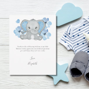 Cartão De Agradecimento Bebê Menino Flor Balão Elefante Azul Chuvade Bebê 