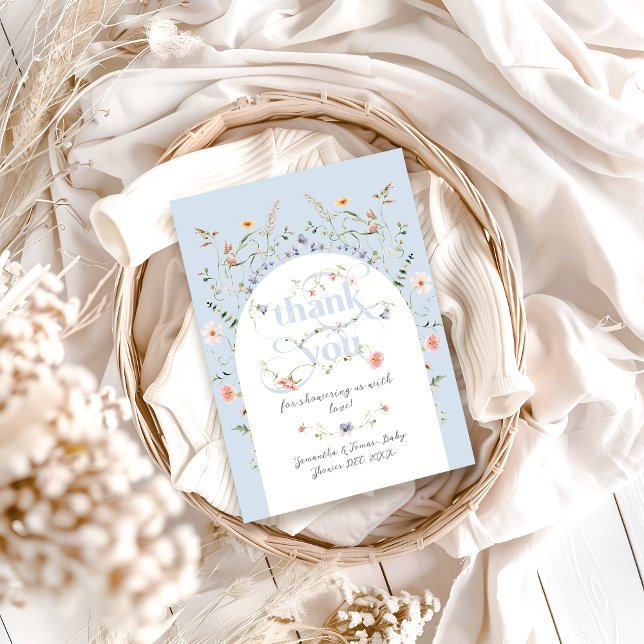 Cartão De Agradecimento Bebê no Chá de fraldas de Flor Selvagem Azul (Criador carregado)