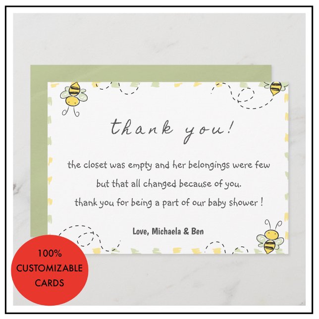 Cartão De Agradecimento Bebê, obrigado, Chá de fraldas Neutro (Bee thank you cards,Baby Shower Gender Neutral 1)