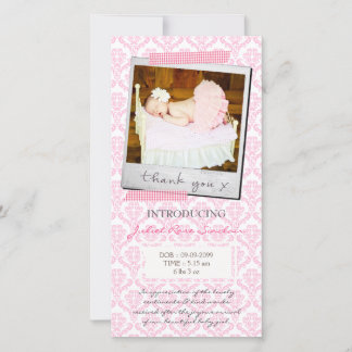 Cartão De Agradecimento Bebê Rosa Damask Gingham Obrigado