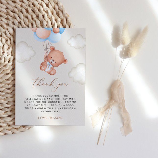 Cartão De Agradecimento Bebê Urso, Balões Azuis, Primeiro Aniversário (Criador carregado)