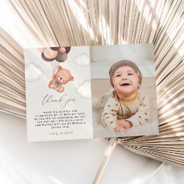 Cartão De Agradecimento Bebê Urso, Balões Marrons, Primeiro Aniversário