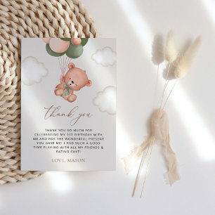 Cartão De Agradecimento Bebê Urso, Balões Verdes, Primeiro Aniversário