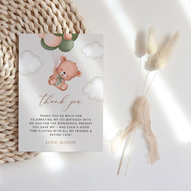 Cartão De Agradecimento Bebê Urso, Balões Verdes, Primeiro Aniversário (Criador carregado)