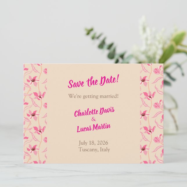 Cartão De Agradecimento Beige & Blush Pink Floral Save the Date Card (Em pé/Frente)