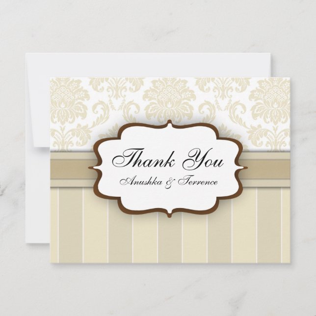 Cartão De Agradecimento Beige Damask Stripe Casamento Obrigado (Frente)