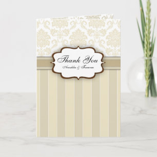 Cartão De Agradecimento Beige Damask Stripe Casamento Obrigado