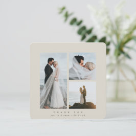 Cartão De Agradecimento Beige Elegant Square Three Photo Wedding Flat