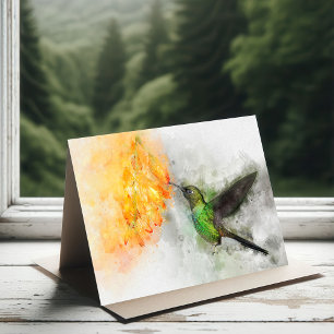 Cartão De Agradecimento Beija-flor Vibrante e Aquarela Floral Amarela