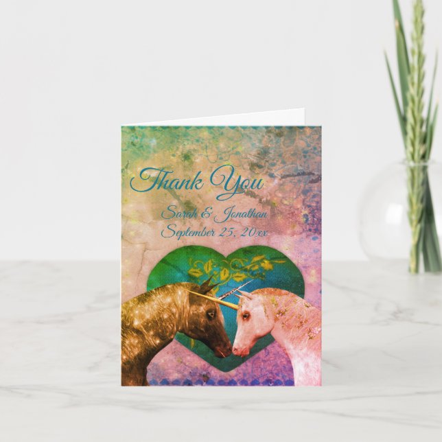 Cartão De Agradecimento Beijar Casamento Cardíaco Unicórnios Personalizado (Frente)