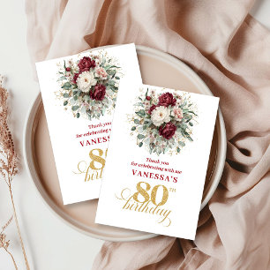 Cartão De Agradecimento Beijo de Rosa Burgundy 80º Aniversário Obrigado 