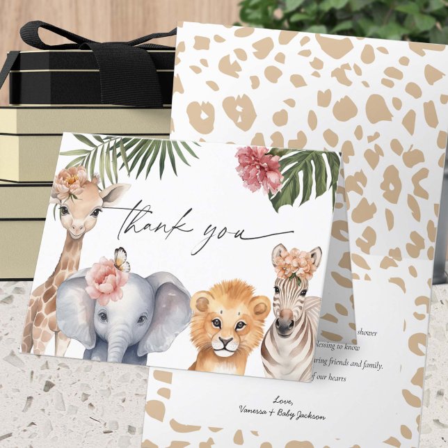 Cartão De Agradecimento Bela Chá de Animais Safari Obrigado (Baby Girl Shower Safari Animals, A little Wild One is on Her way themed Baby Shower Thank You cards.)