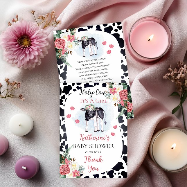 Cartão De Agradecimento Bela Vaca, é uma Chá de fraldas de Garota. (Cute "Holy Cow, It's A Girl!" Baby Shower Thank You Two-Sided Flat Card)