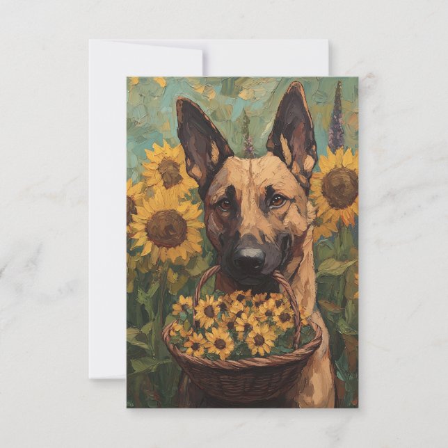 Cartão De Agradecimento Belgian Malinois with a Basket of Sunflowers (Frente)