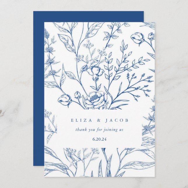 Cartão De Agradecimento Belo Casamento Floral Azul e Branco (Frente/Verso)
