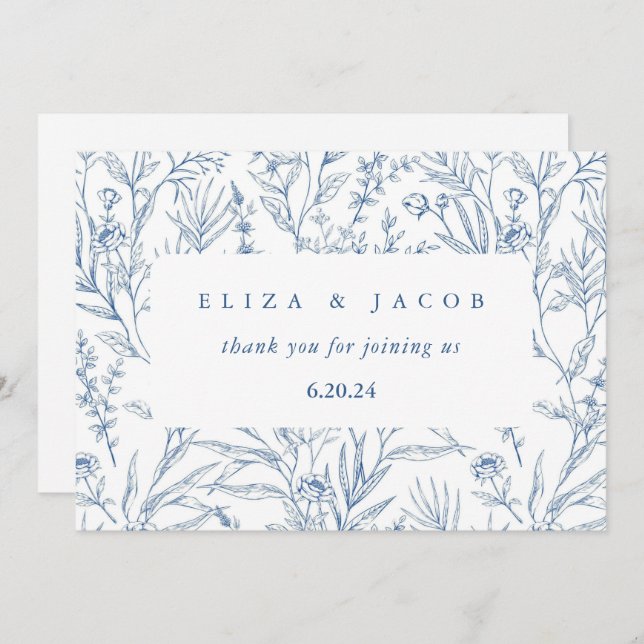 Cartão De Agradecimento Belo Casamento Floral Azul e Branco (Frente/Verso)