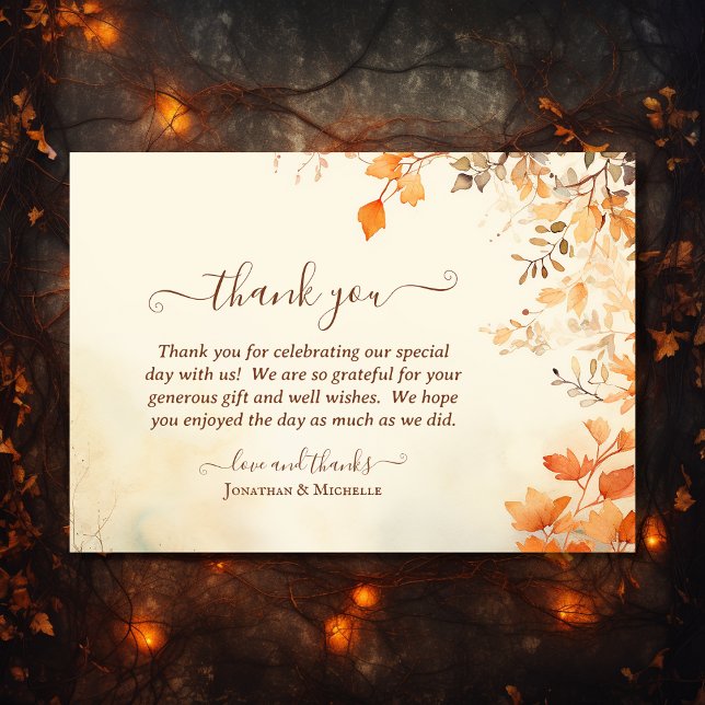 Cartão De Agradecimento Belo Casamento outono de Folhas de outono (Front - Beautiful Autumn Leaves Fall Wedding Thank You Card)