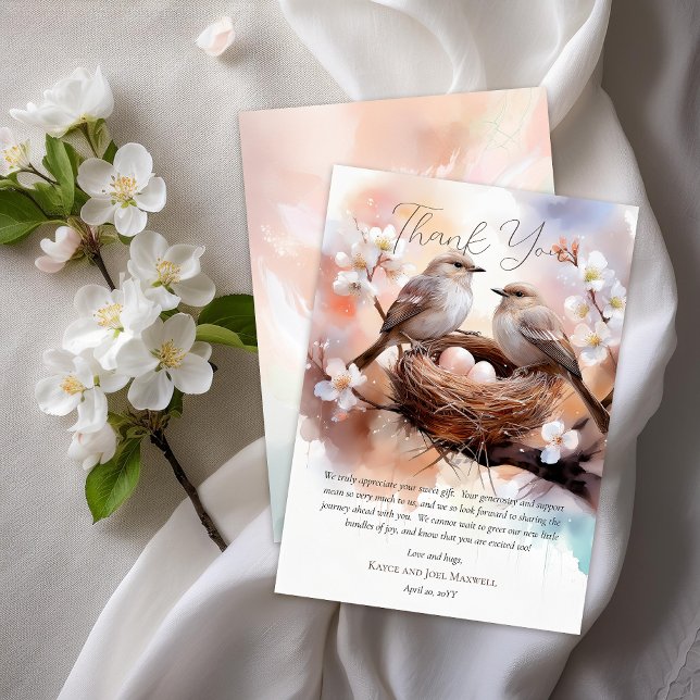 Cartão De Agradecimento Belo Chá de fraldas de Gêmeos do Partido Nidificaç (Beautiful Birds In Nest Nesting Party Twins Gender Neutral Baby Shower Flat Thank You Card)