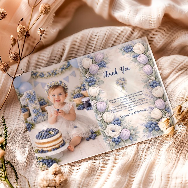 Cartão De Agradecimento Berry First Blue Floral Garden 1st Birthday (Criador carregado)