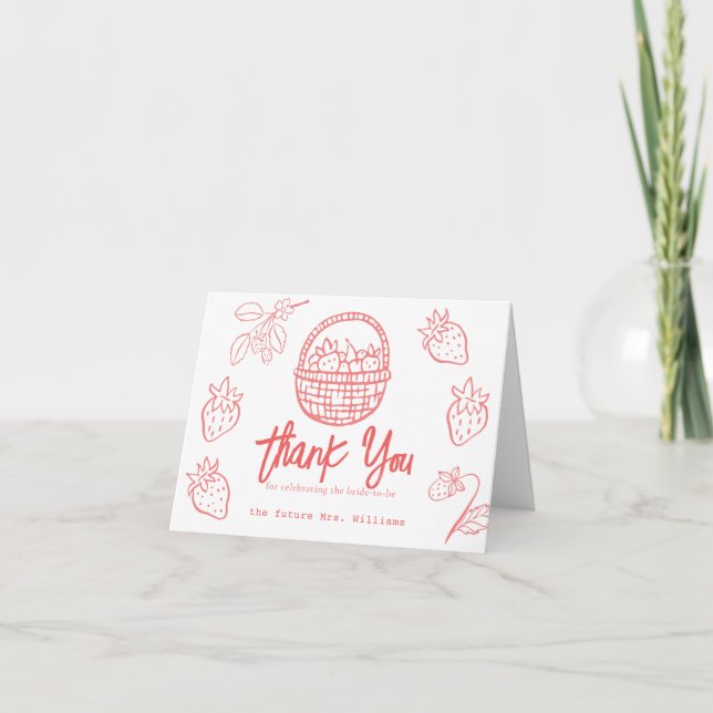 Cartão De Agradecimento Berry in Love Hand-drawn Strawberry Bridal Shower (Frente)