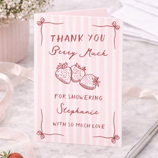 Cartão De Agradecimento Berry In Love Strawberry Pink Bridal Shower Folded (Criador carregado)
