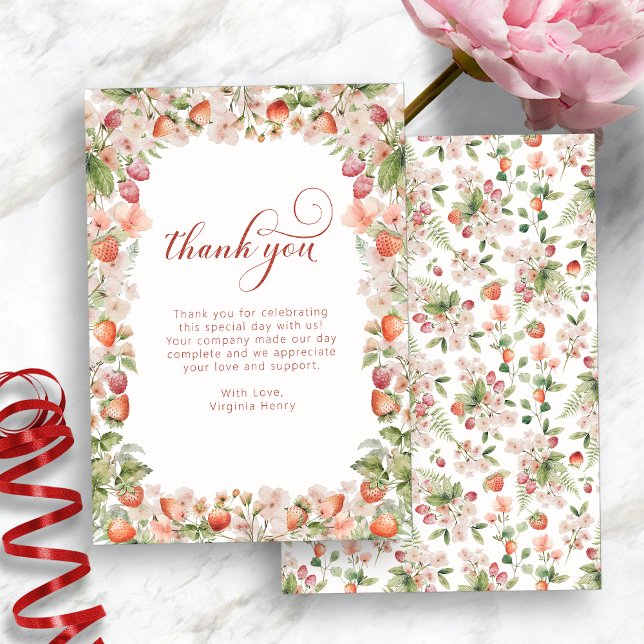 Cartão De Agradecimento Berry Primeiro (Strawberry Watercolor Berry First Birthday Thank You Card by Painted Paperie
)