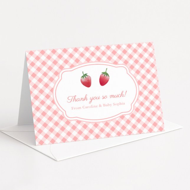 Cartão De Agradecimento Berry Sweet Morangos E Gingham Branca Rosa (Berry Sweet watercolor strawberries & pink gingham folding thank you card for baby or bridal shower)