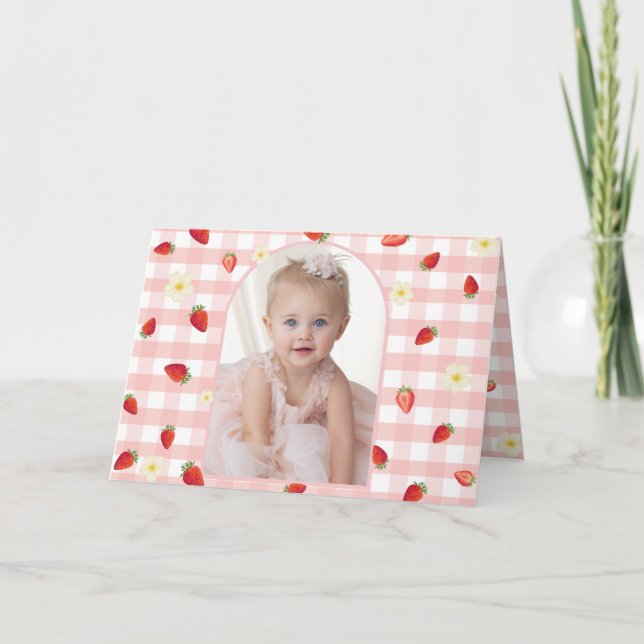 Cartão De Agradecimento Berry Sweet Strawberry 1st Birthday Photo Folded H (Frente)