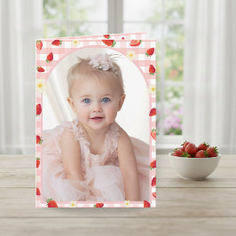 Cartão De Agradecimento Berry Sweet Strawberry 1st Birthday Photo Folded V