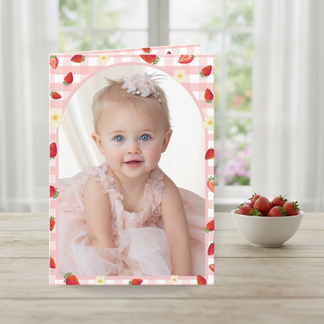 Cartão De Agradecimento Berry Sweet Strawberry 1st Birthday Photo Folded V (Berry Sweet Strawberry 1st Birthday Photo Folded V Thank You Card - Front)