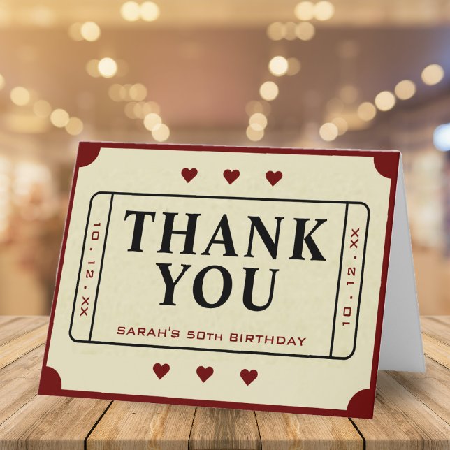 Cartão De Agradecimento Bilhete de Cinema do Retro Theater Stub 50º aniver (Retro Theater Movie Ticket Stub 50th Birthday Thank You Card)