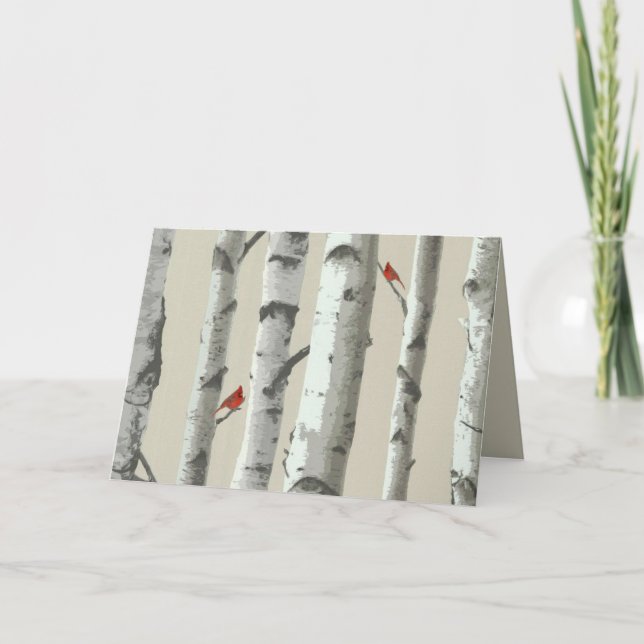 Cartão De Agradecimento Birch Tree e Red Cardinals Obrigado (Frente)